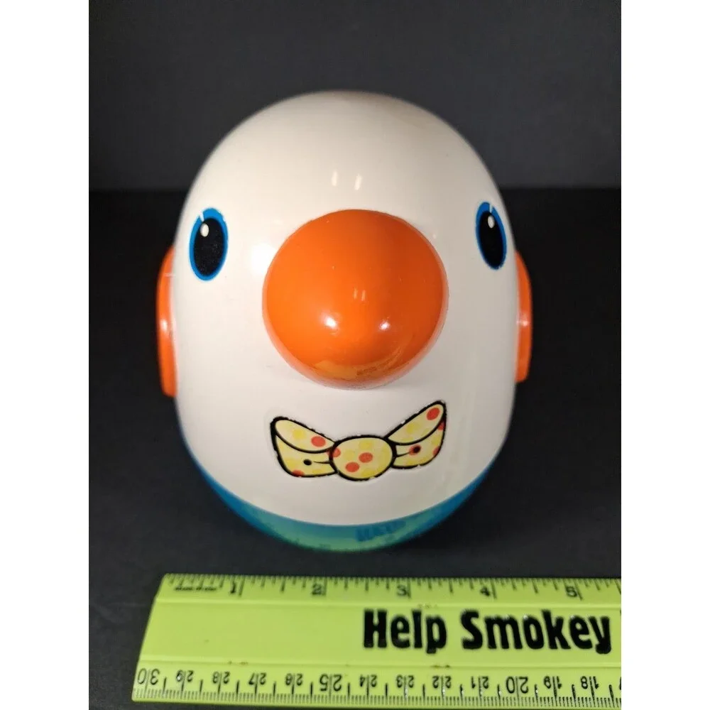 Vintage Playskool Roly Poly Chime Bird Toy Blue White Orange Bowtie Wobble